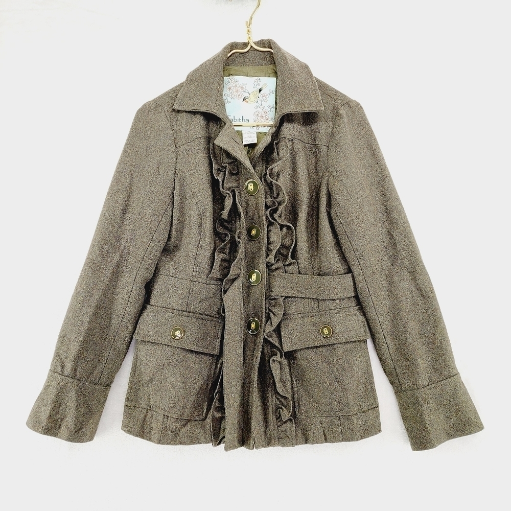 Anthropologie Tabitha Military Brown Button Ruffle Wool Jacket Z101